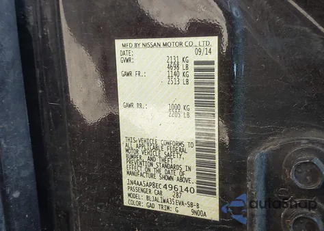 2014 Nissan Maxima 3.5 Sv from USA, damaged, VIN 1N4AA5AP8EC496140